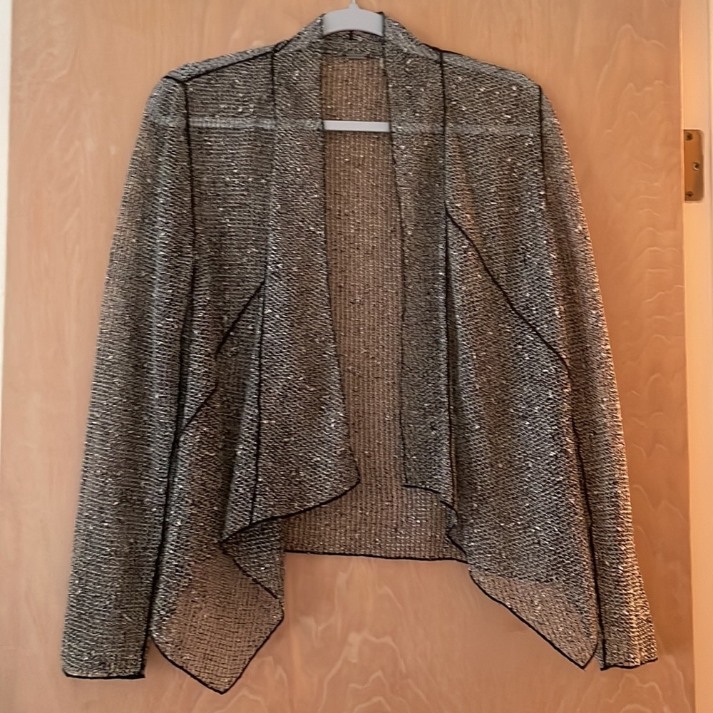 Elie Tahari gray crochet fishnet open cardigan